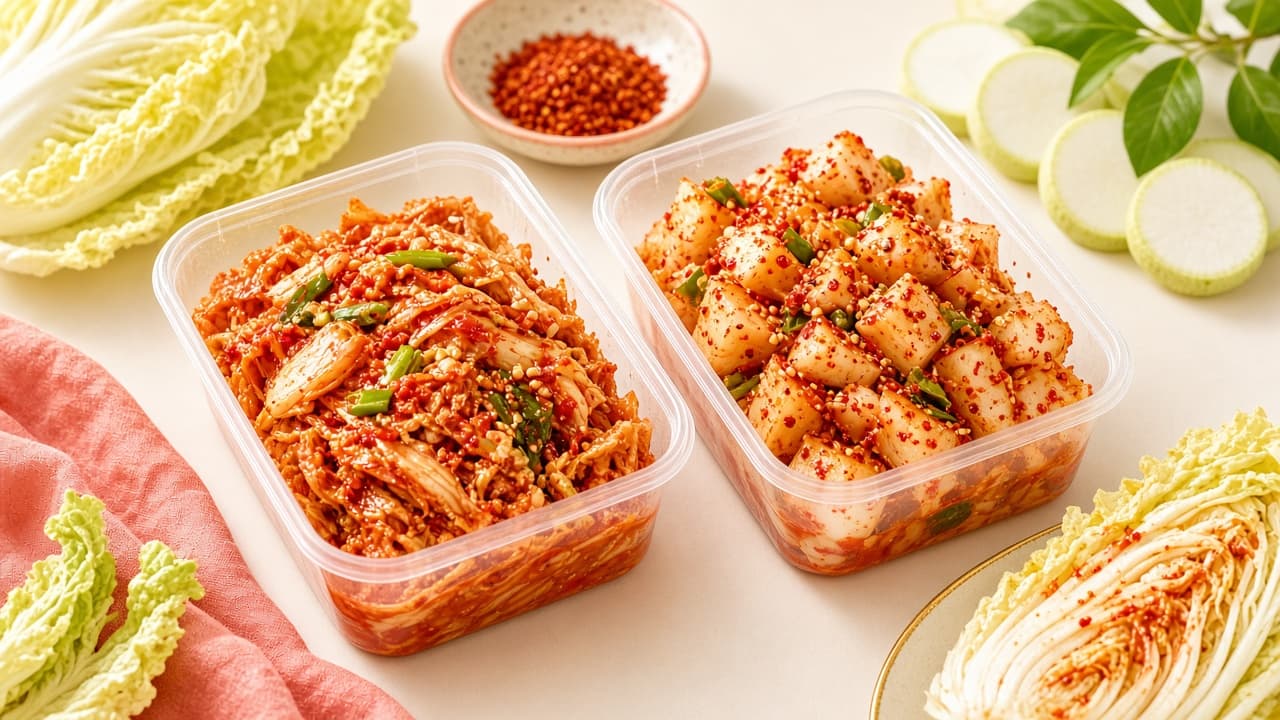 Napa and daikon kimchi in clear containers
